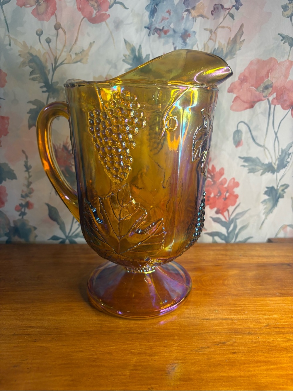 Vintage Iridescent Amber Carnival Glass Pitcher - Decorative Home Art